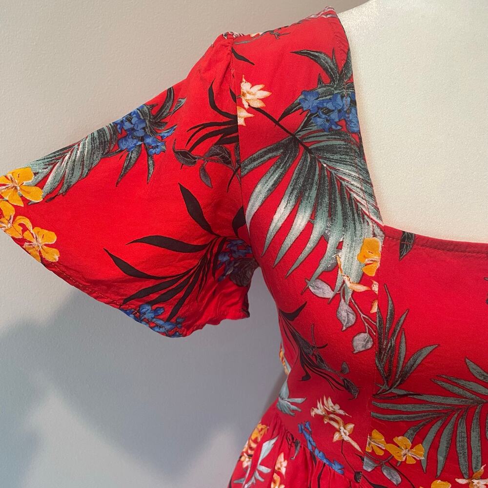 Band of Gypsies Floral Mini Dress Sz M Pockets Short Sleeves Tie Back Red - Picture 4 of 12